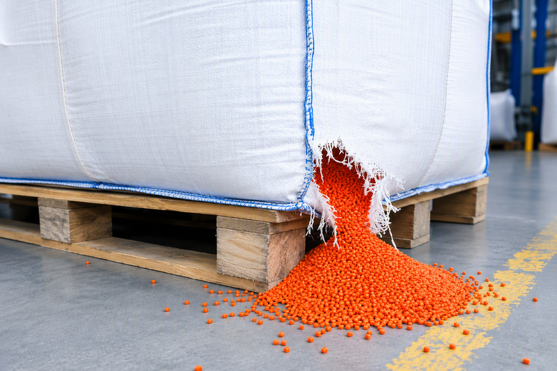 Großformatiger weißer Kunststoffsack auf einer Holzpalette in einer Industriehalle. An der unteren Ecke ist der Sack aufgerissen, sodass zahlreiche orangefarbene Kunststoffgranulate auf den Betonboden auslaufen und sich vor der Palette ansammeln. Der Hintergrund ist unscharf und zeigt weitere Bereiche der Produktions- oder Lagerumgebung.