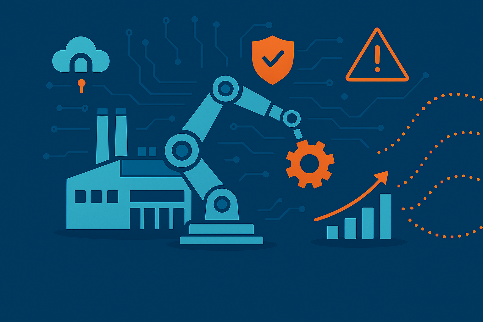 Das Bild zeigt eine stilisierte Smart Factory mit vernetzten Maschinen, Robotern und digitalen Schnittstellen. Schematische Linien und Symbole veranschaulichen die Kommunikation zwischen Produktionskomponenten und potenzielle Cyberbedrohungen. Die Hauptfarbe ist ein tiefes Blau (#245883), ergänzt durch Akzentfarben in Hellblau (#009ee0) und Orange (#ff6600), die sicherheitsrelevante Bereiche und digitale Angriffsvektoren hervorheben. Das Bild ist im Querformat und enthält keine Schrift.